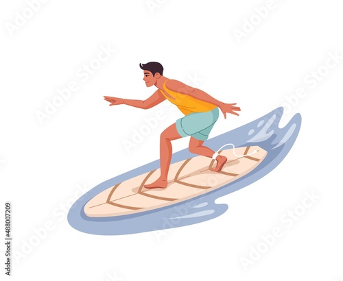 Young man riding wave on a surfboard. Surfer isolated character standing on board, teenager boy surfing in ocean. Summer vacation tropical beach activity or watersports vector personage