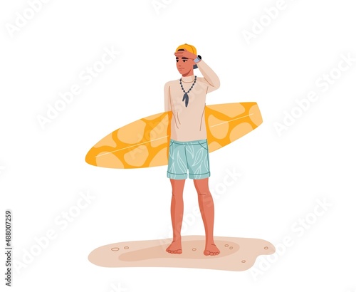 Young guy with surfboard. Teenager boy surfer flat vector character standing on beach, holding surfboard and looking into distance with hand at forehead. Summer travel and vacation surfing activity