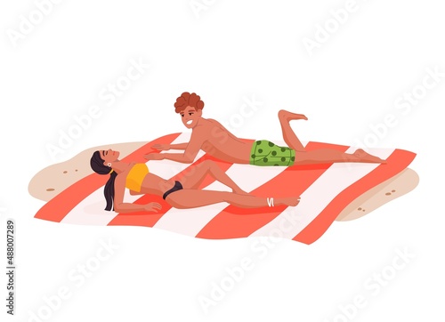 Young couple sunbathing on the beach. People relaxing on beach, man in shorts and woman in bikini flat vector characters lying on blanket, sunbathing during vacation resort trip, resting on seaside