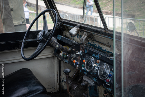 A view of the Interior cabin of a Land Rover Santana vehicle in Suria, Spain