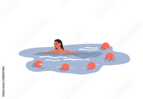 Pretty woman swims near the buoys. Summer vacation relax and swimming activity, beach leisure and resort tourism. Isolated flat vector young girl character resting in water, swimming in pool or ocean