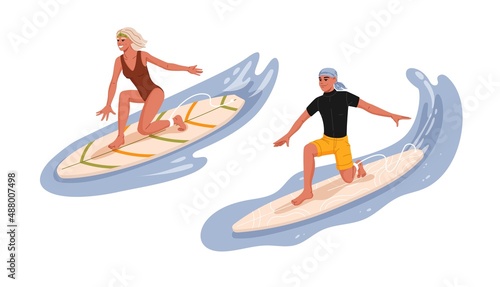 Boy and girl riding on a surfboard. Happy man and woman surfers vector isolated characters in swimsuits, riding ocean waves, surfing on Hawaii or California summer vacation