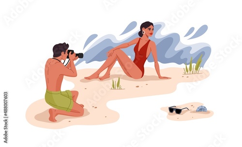 Man photographing a woman on the beach. Woman in swimsuit posing during beach photo session, tourists taking pictures or couple shooting photos on vacation trip. Travel memories vector flat scene