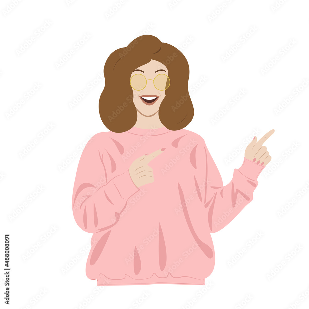 happy smiling woman with glasses in rose hoodie points to the right, showing the way happy smiling woman with glasses in rose hoodie points to the right, showing the way