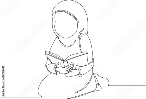 Muslim woman is reading Al – Qur’an after pray in Ramadan. Ramadan Kareem. Muslim family. Ramadan activity. Vector illustration.
