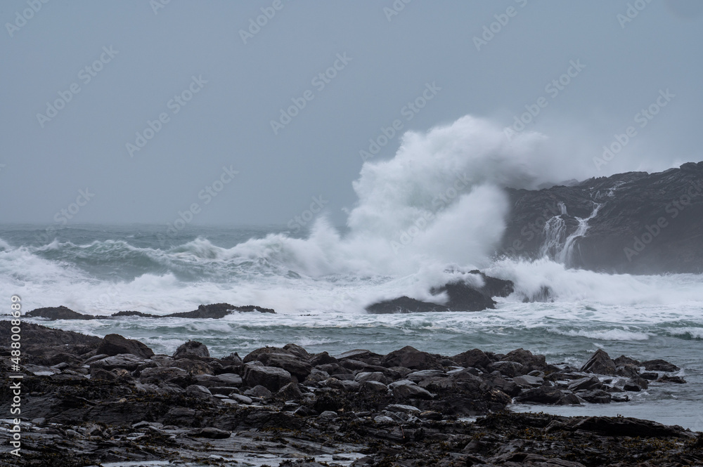 Spectacular waves and spray as a storm hits the coast of north Cornwall