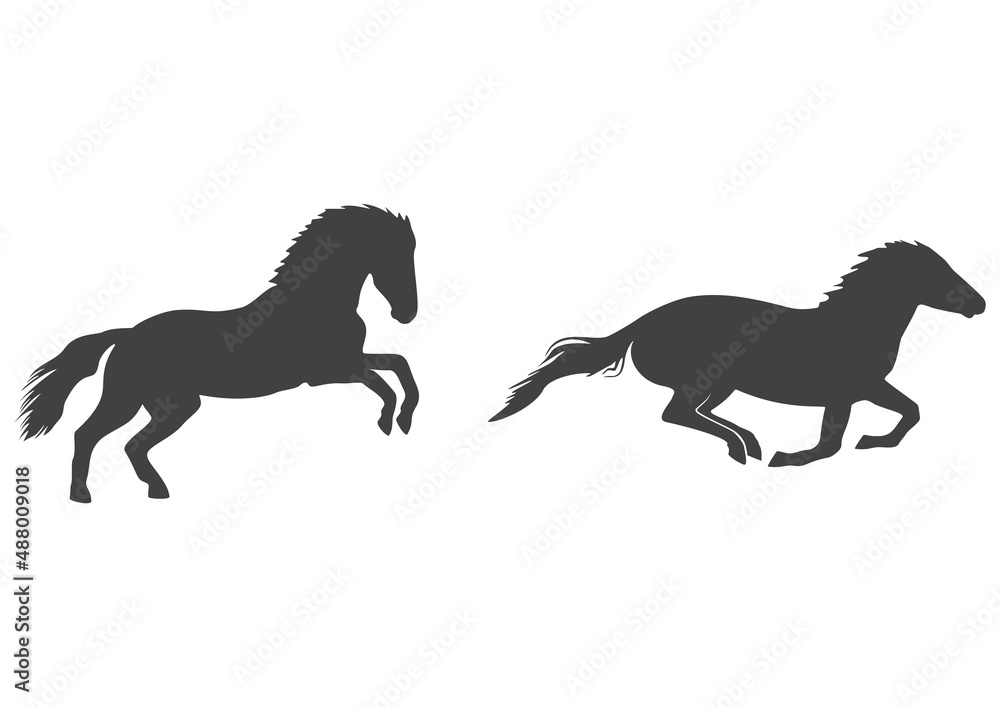 Running horse silhouettes, icon set. Vector illustration isolated on white background.