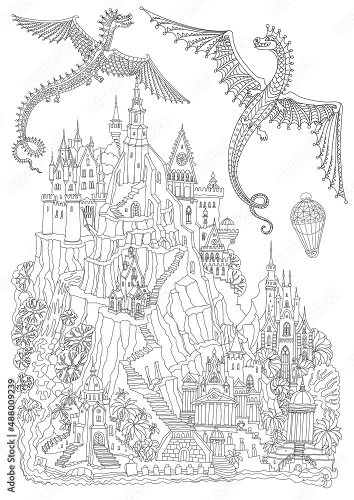 Black and White Fantasy landscape. Fairy tale castle on a mountain, palm trees, river waterfall. Flying dragons and air baloon. Coloring book page for adults 