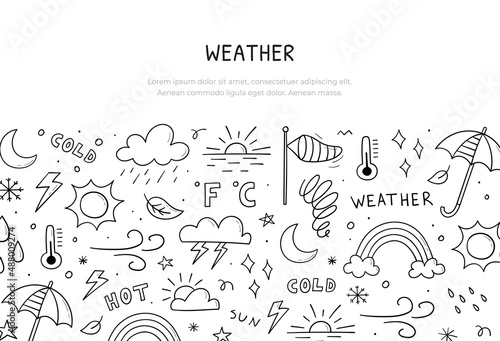 Hand drawn banner template with weather objects and elements. Illustration in doodle sketch style. Contains sign of the sun, clouds, snowflakes, wind, rain, moon, lightning and more.