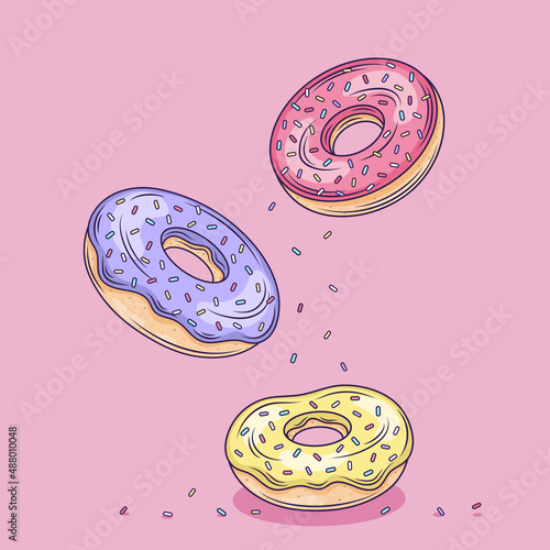 Flying Donuts Cartoon Vector Icon Illustration.