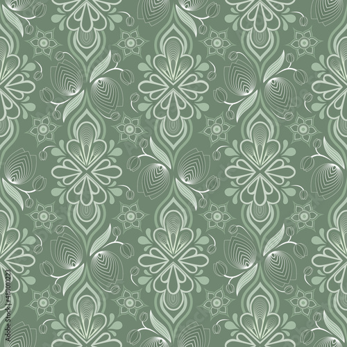 Floral ornamental old fashioned style wallpaper in shades of green. Seamless repeat pattern. 