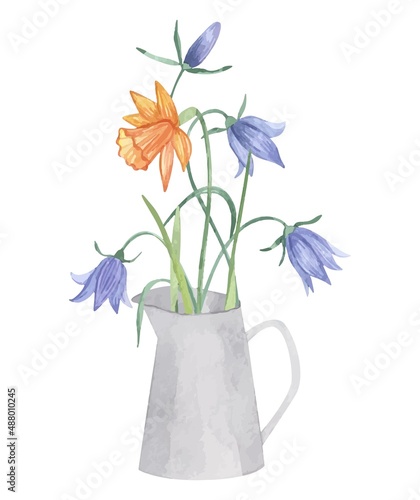 Watercolor vector wild herbs flowers in watering can and jug. Hand drawn botanical flowers