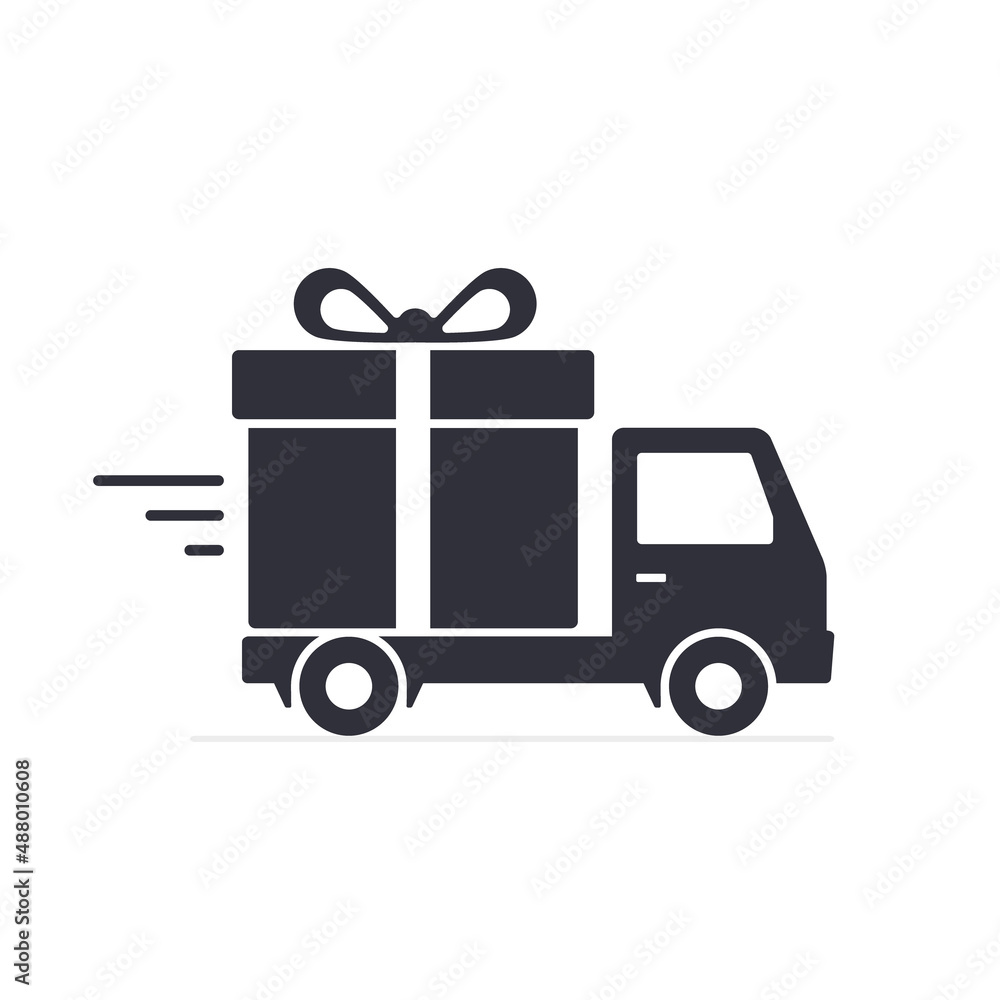Delivery truck with gift box Icon. Vector free delivery illustration isolated on white Delivery truck with gift box Icon. Vector free delivery illustration isolated on white