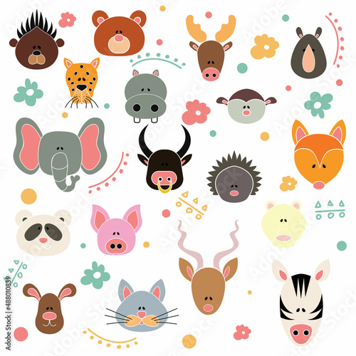 Colored heads with white outlines, drawn by hand. Multicolored icons depicting animal heads isolated on a white background.