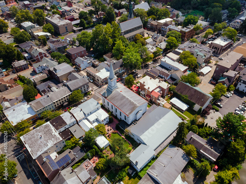 Aerial top view roofs of historic small town downtown Lambertville in New Jersey © ungvar