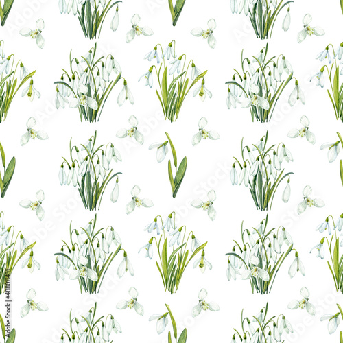 Snowdrops. Seamless pattern in watercolor. Spring flowers on a white background.