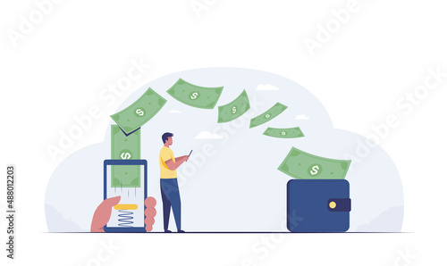 People transfer money from smartphone to wallet. vector illustration