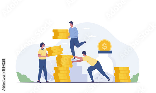 Save money and investment concept. Young people standing near huge join jar.