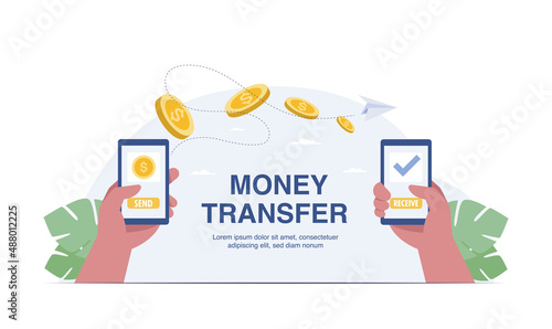 Mobile money transfer with hand holding mobile phone. vector illustration