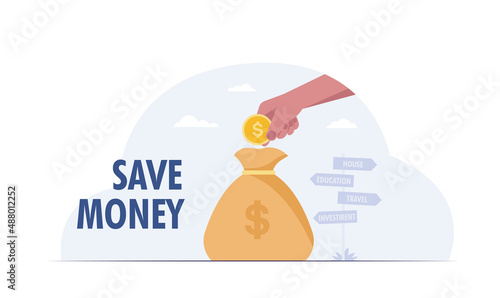 Save money concept. hand putting coins in money bag. vector illustration