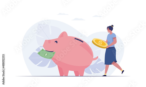 Saving money concept. piggy bank with coins, girl holding coin. vector illustration