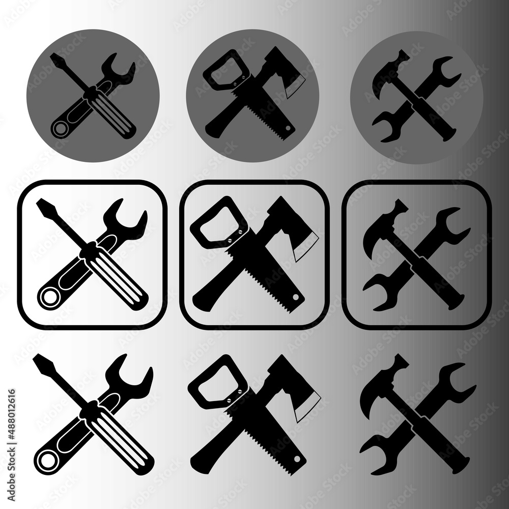 Black and white tools buttons set Black and white tools buttons set