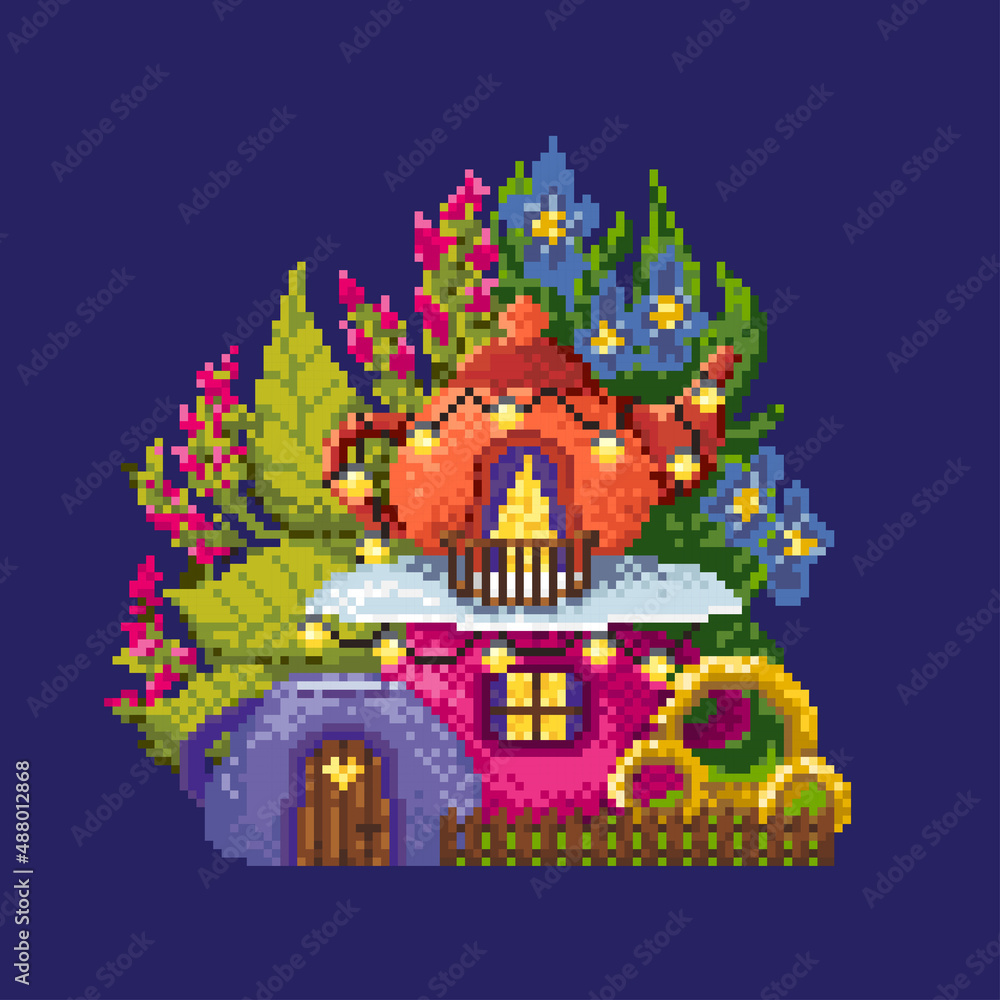 Pixel tea house. Fantasy house from teacups. Cozy illustration for embroideries.