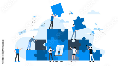 Animation ready duik friendly vector Illustration. Conceptual business story. Puzzle connection, teamwork abstract metaphor, partnership, collaboration, solving problem, effective business solution.