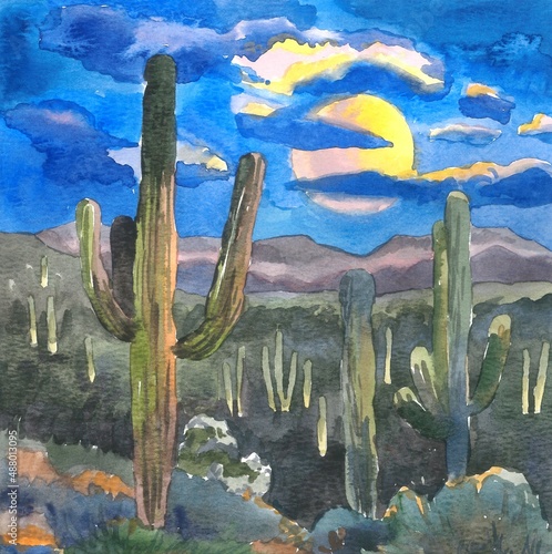 Watercolor drawing: Night desert with cacti and the moon in the sky.