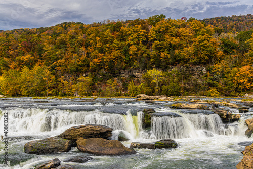 Sandstone Falls With Fall Color  New River Gorge National Park  West Virginia  USA
