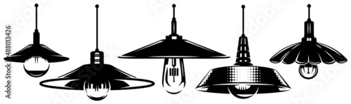 A set of hanging lamps. Vector monochrome illustration. Elements for the design of the poster, advertising, banner
