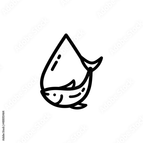 Fish oil icon isolated on white background. Vitamin omega 3 template. Drops and fish silhouette.