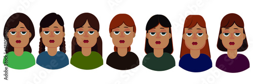 The icon is a set of girls in a cartoon style. A set of sad girls with different hairstyles and hair color. A set of portraits of girls. Avatar is a cartoon sad girl. Vector illustration isolated on a