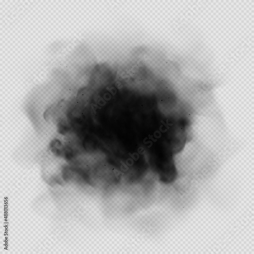 Black smoke clouds, dirty toxic fog or smog. Vector realistic illustration of dark smoky from fire or explosion. Black fume texture isolated on transparent background.