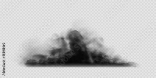 Black smoke clouds, dirty toxic fog or smog. Vector realistic illustration of dark smoky from fire, explosion or burning coal. Black fume texture isolated on transparent background