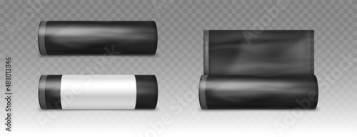 Black plastic bag for trash and garbage. Vector realistic mockup of polyethylene trash bag in roll isolated on transparent background