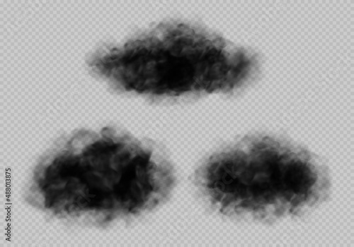 Black smoke clouds, dirty toxic fog or smog. Vector realistic illustration of dark smoky from fire, explosion or burning coal. Black fume texture isolated on transparent background