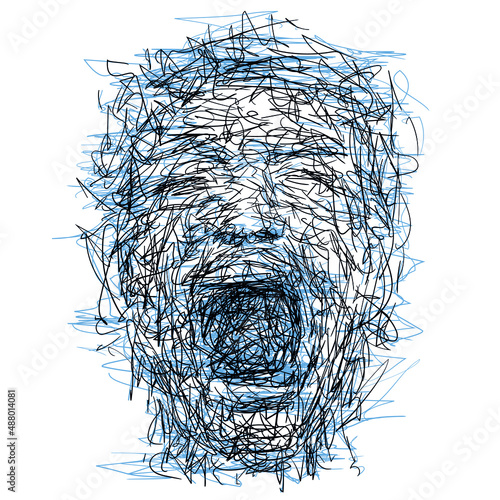 Drawing sketch of expressive face of person screaming loud