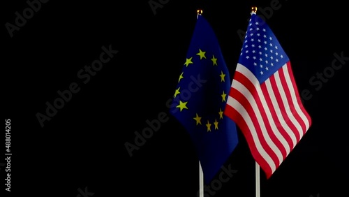 USA and EU flags. Sanctions pressure, politics, crisis and cold war concept. Black background. Europe Union vs United States of America