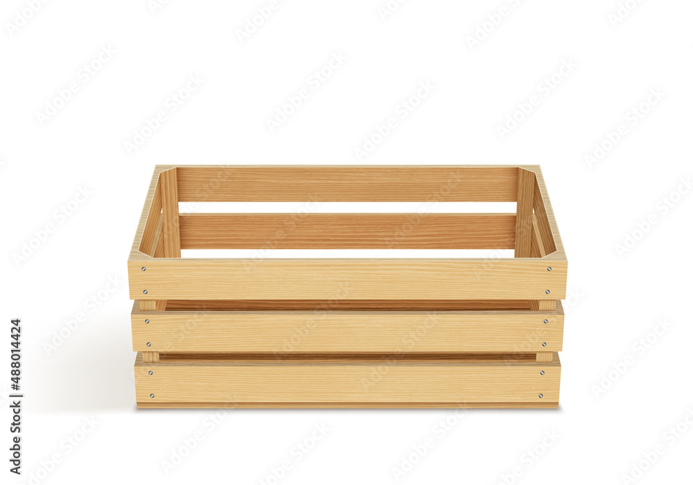 Vector realistic cargo storage wooden box isolated on white background. Wooden fruit box with holes. Box for storage and transportation of food