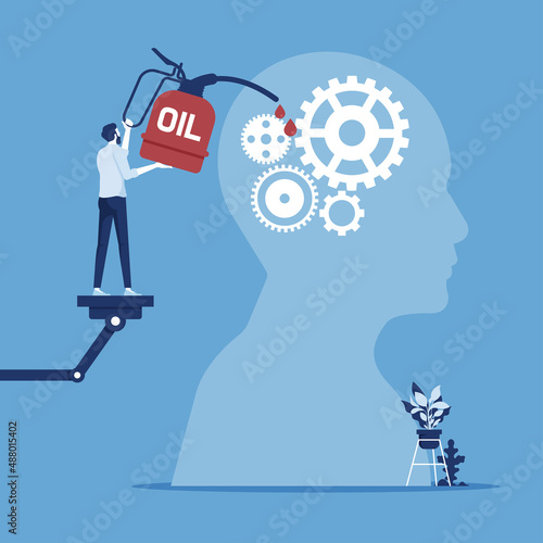 Maintenance brain to generate idea or creativity and innovation to invent new business ideas concept, businessman drop lubricant or grease into gears