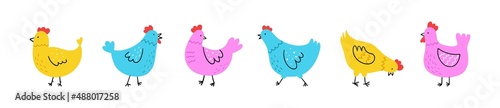 Hand drawn cute chicken set. Doodle sketch style. Horizontal banner with funny domestic birds. Farm and poultry concept. Simple vector illustration.
