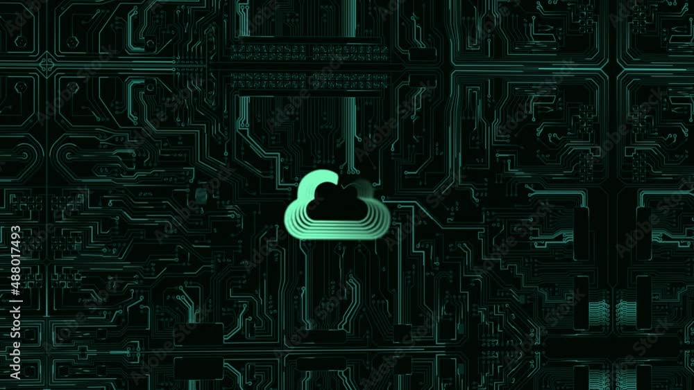 Futuristic blue green cloud over circuit board - abstract new ...