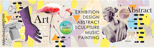 Art objects for an exhibition of painting, culture, sculpture, music and design. Vector abstract modern illustrations for creative festivals and events