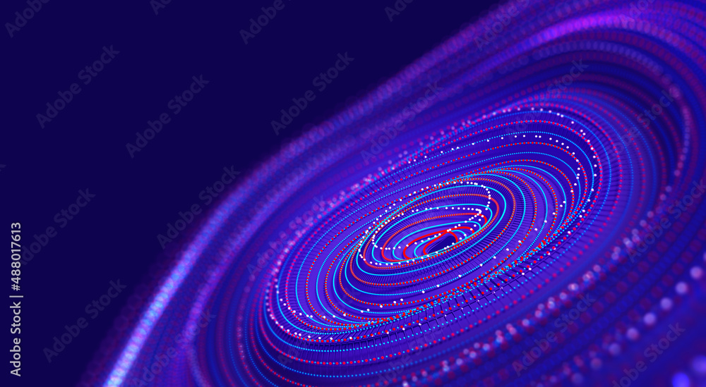 Digital wave particle. Spreading sound waves. Artificial mind concept. Abstract cyber synthetics 3D illustration. Funnel, whirlpool, big data flow. High-tech analytics and business strategy Digital wave particle. Spreading sound waves. Artificial mind concept. Abstract cyber synthetics 3D illustration. Funnel, whirlpool, big data flow. High-tech analytics and business strategy