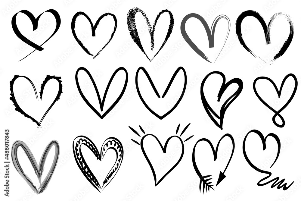Heart vector set hand drawing. Heart shape doodle art sketch style