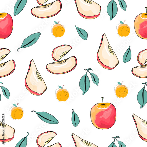 Fototapeta Naklejka Na Ścianę i Meble -  Apple ,Orange and write background. colorful background. Fruit background.tropical.Cute pattern
