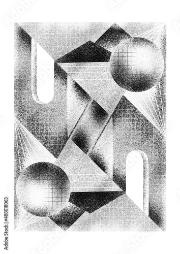 Canvas Print M C Escher style tarot playing card, black and white noise texture building illu