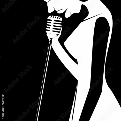 African bald women jazz singer with retro microphone  in flat style silhouette black and white one line vector illustration