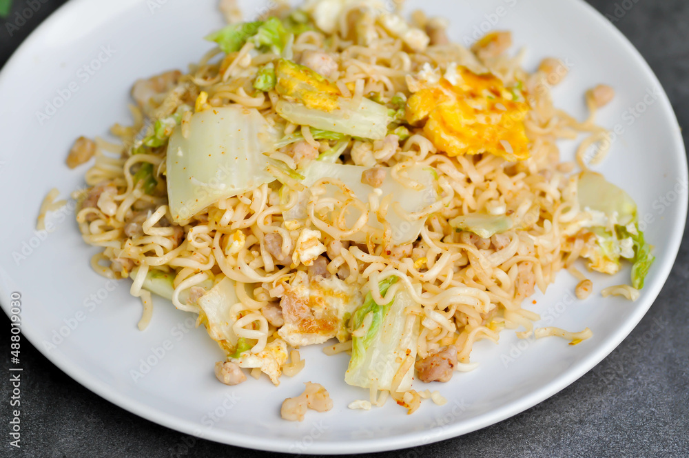 stir fried noodles with pork and vegetable in the pan stir fried noodles with pork and vegetable in the pan